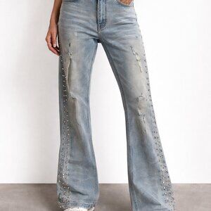 Rockstar Original Light Wash Studded Raw Hem Wide Leg Jeans Distressed Festival